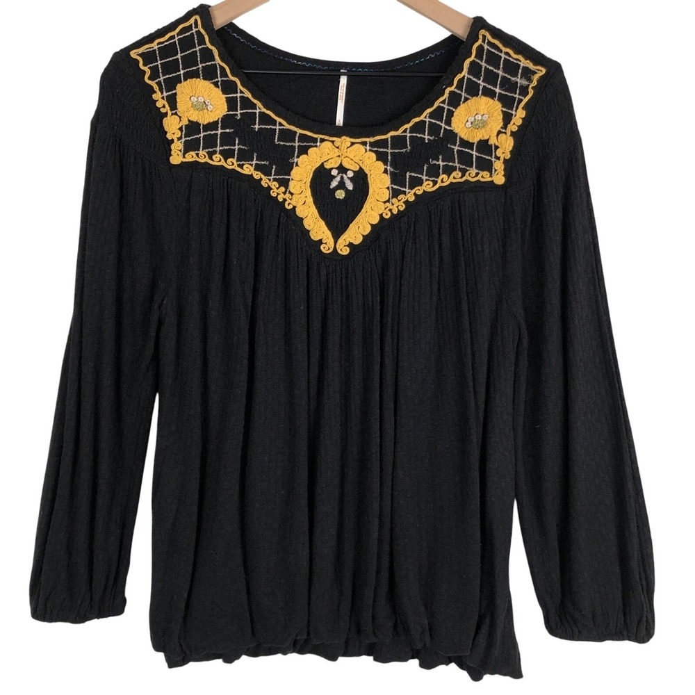 FREE PEOPLE‎ Embroidered Top Sz S Black Gold Balloon Hem Smocked Peasant Boho